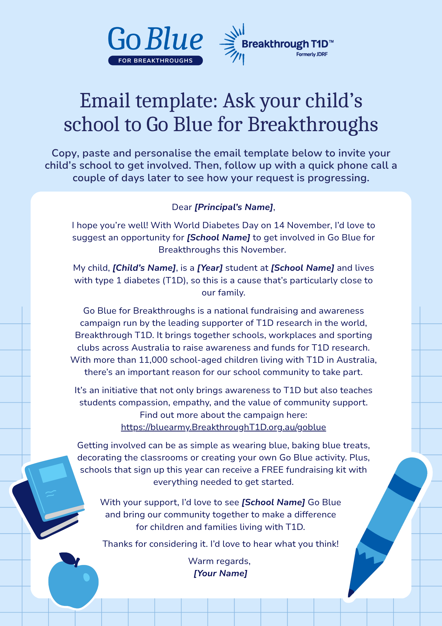 Email template - Ask your child's school to Go Blue