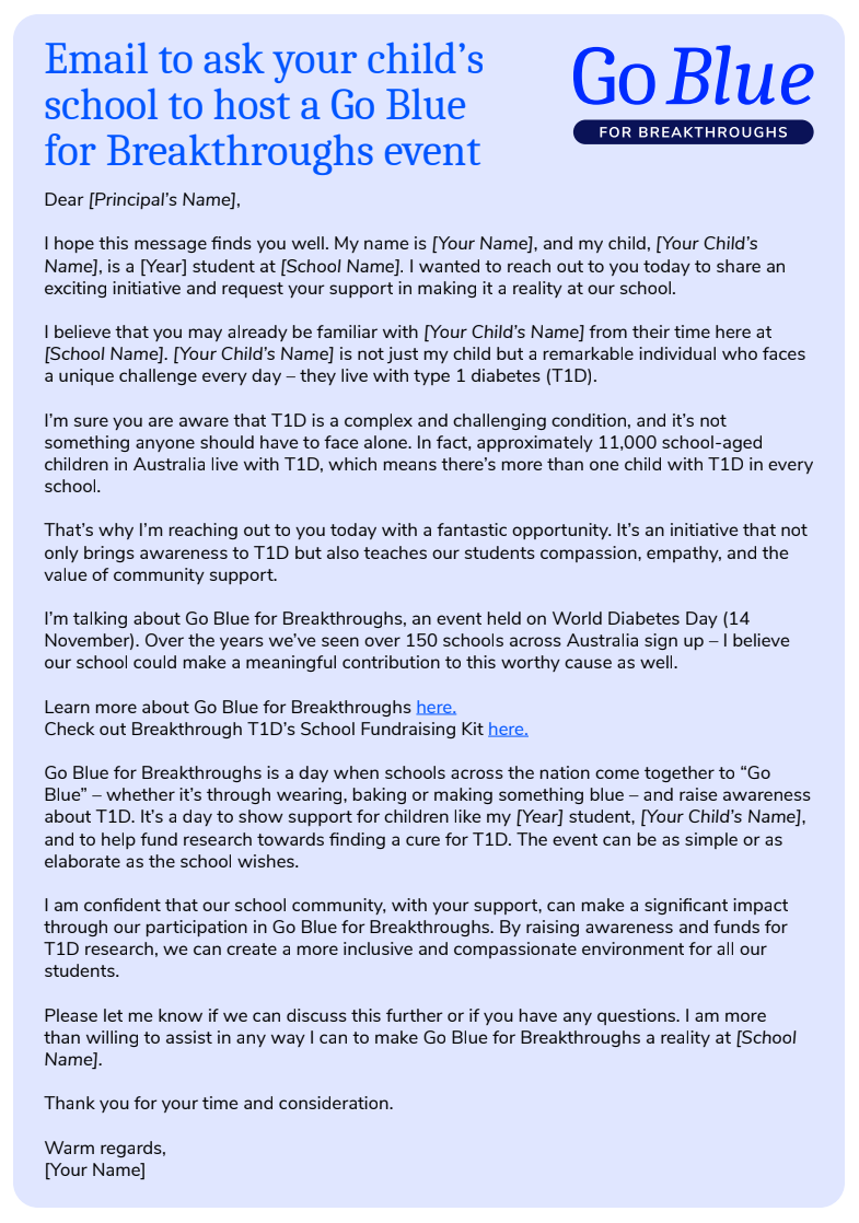 Email template: Ask your child's school to host a Go Blue for Breakthroughs